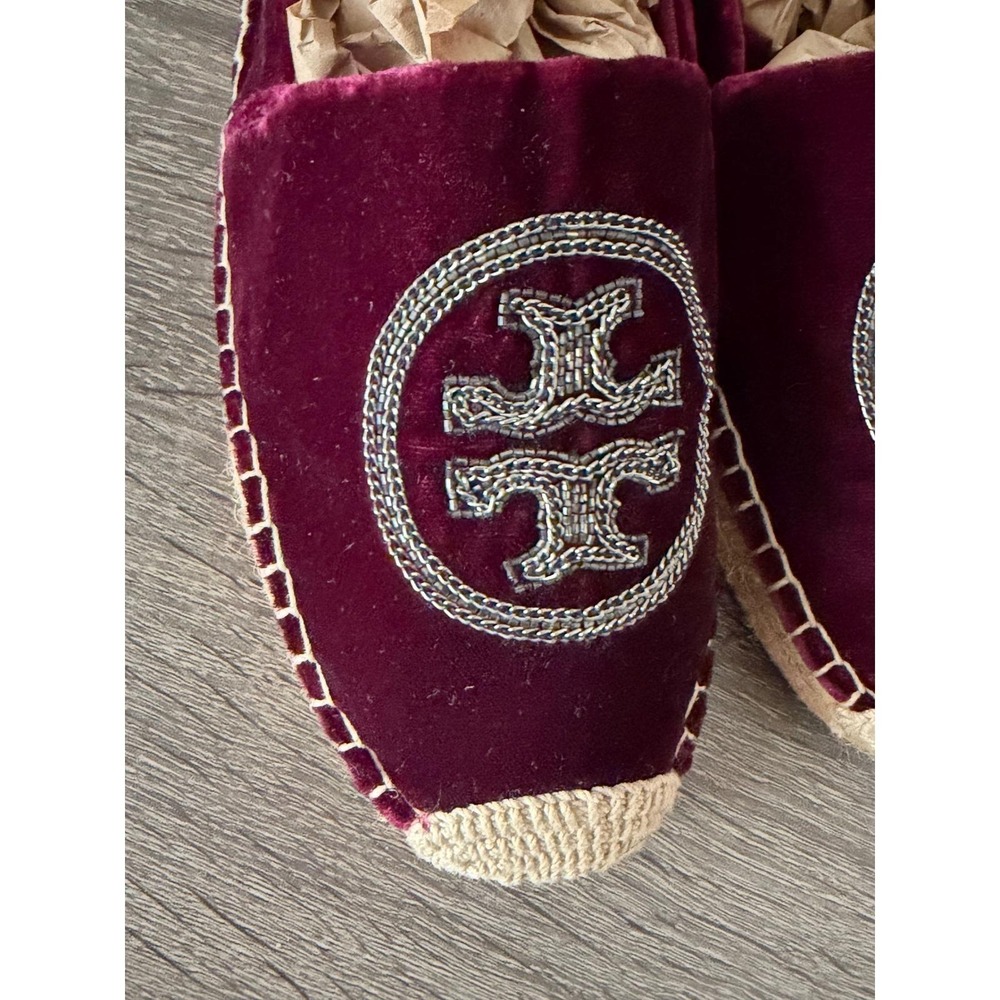 Tory Burch Poppy Metallic Logo Velvet Espadrilles Burgundy Wine 10.5M 5585 - Picture 8 of 16